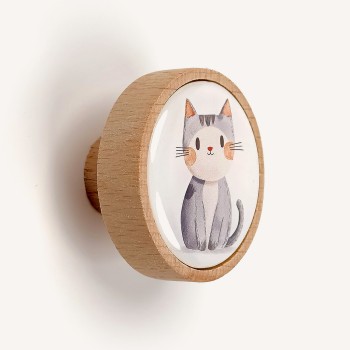 Gri Beyaz Kedi Ahşap Çocuk Odası Dolap Kulp