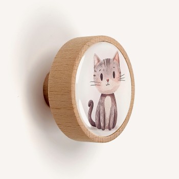 Çizgili Gri Kedi Ahşap Çocuk Odası Dolap Kulpu
